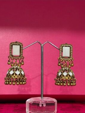 Gold and White Jhumka Earrings - Women Jewelry